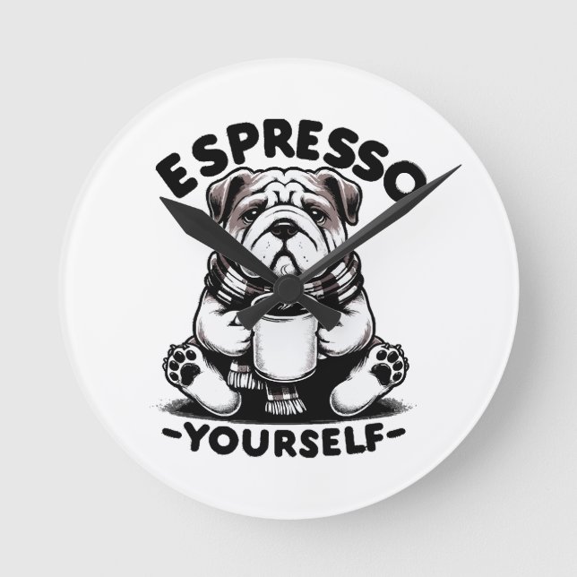 Warm Espresso Bulldog Round Clock (Front)