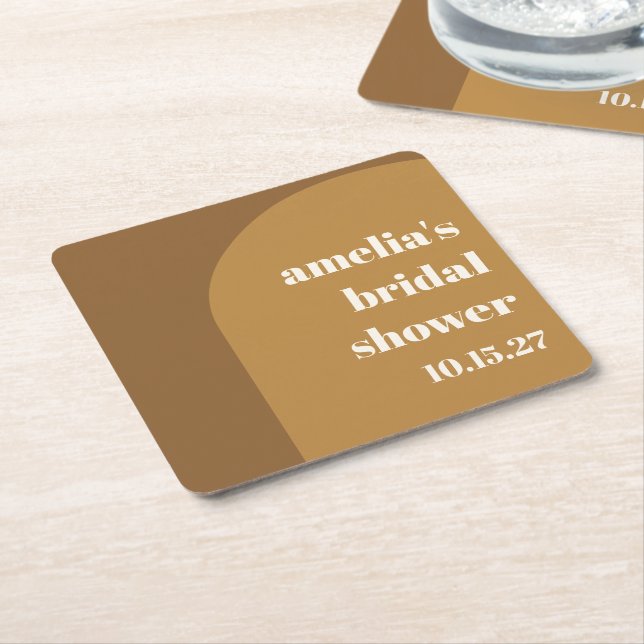 Warm Fall Brown Arch Custom Retro Bridal Shower Square Paper Coaster (Angled)