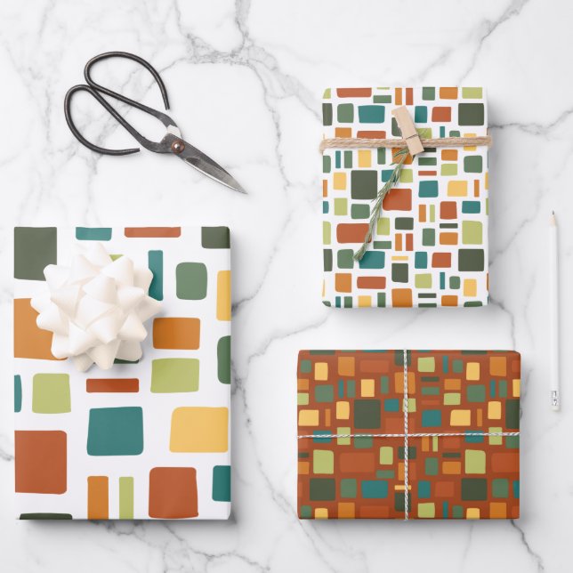 Warm Fall Colours Wonky Squares & Rectangles Wrapping Paper Sheet (Front)