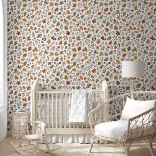 Warm Fall Colours Woodland Mushroom Leaves Pattern Wallpaper