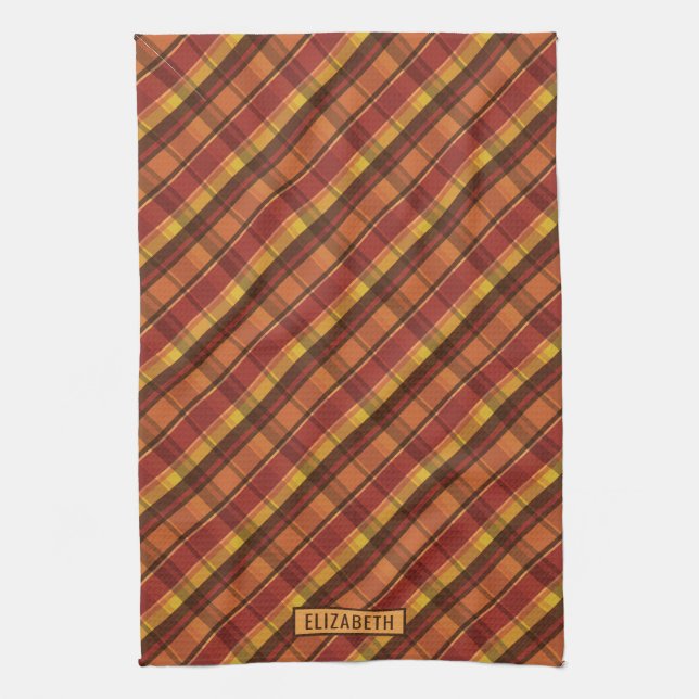Warm Fall Tones Autumn Plaid Pattern & Name Tea Towel (Vertical)