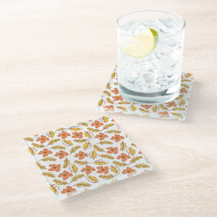 Warm Falling Autumn Leaves with Flowers Glass Coaster
