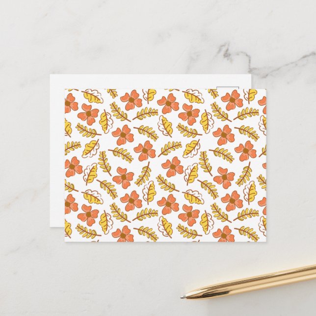 Warm Falling Autumn Leaves with Flowers Postcard (Front/Back In Situ)