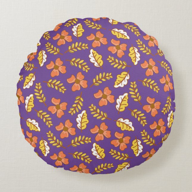Warm Falling Autumn Leaves with Flowers Round Cushion (Front)