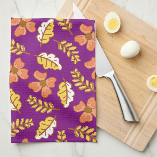 Warm Falling Autumn Leaves with Flowers Tea Towel (Quarter Fold)