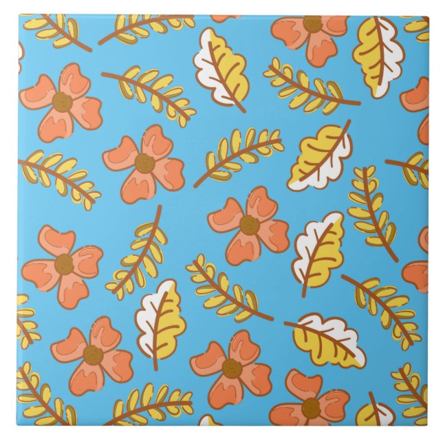 Warm Falling Autumn Leaves with Flowers Tile (Front)