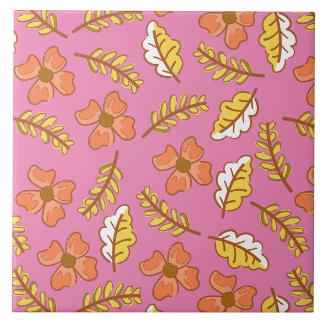 Warm Falling Autumn Leaves with Flowers Tile (Front)