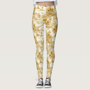 Warm Gold Farmhouse Sunflower Toile Pattern Leggings