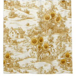 Warm Gold Farmhouse Sunflower Toile Pattern Shower Curtain