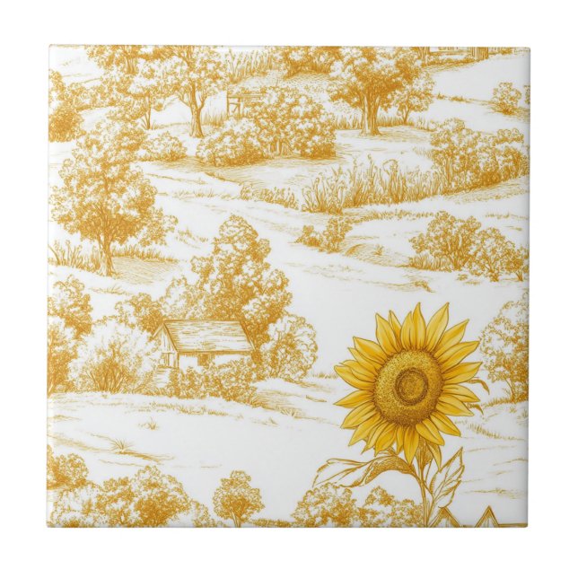 Warm Gold Farmhouse Sunflower Toile Pattern Tile (Front)