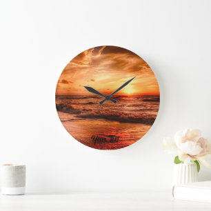Warm Golden Orange Sunset Over Ocean Large Clock