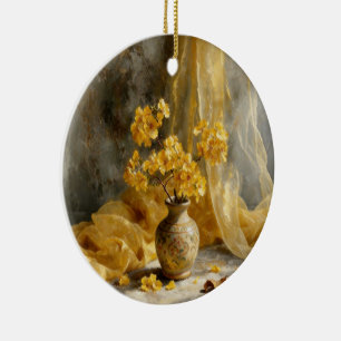 Warm Golden Yellow Flower Bouquet Still Life Keeps Ceramic Tree Decoration
