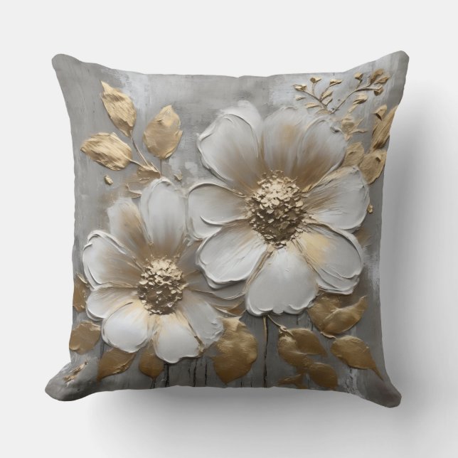 Warm Grey Gold White Modern Rustic Floral Cushion (Front)