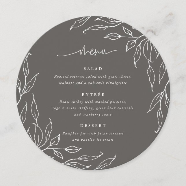 Warm Grey Leaf Motif Thanksgiving Dinner Round Menu (Front)