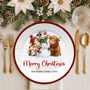 Warm Holiday funny cow watercolor christmas paper Plate