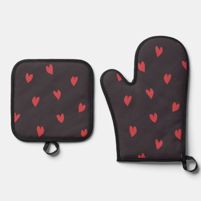 Warm Hug Red Black Silver Quilted Oven Mitt & Pot Holder Set (Front)