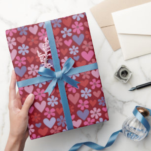 Warm Jewel Tone Hearts and Flowers Pattern Wrapping Paper