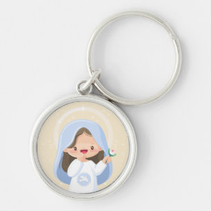 Warm Kawaii Virgin Mary Holding Flower – Beige Key Ring