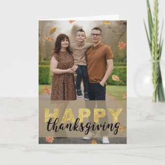 Warm Leaves Gold Script Happy Thanksgiving | Photo Card