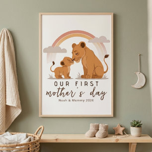 Warm Lion Mum Baby First Mothers Day Calm Love Art Poster