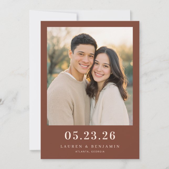 Warm Maroon Minimalist Photo Save The Date (Front)