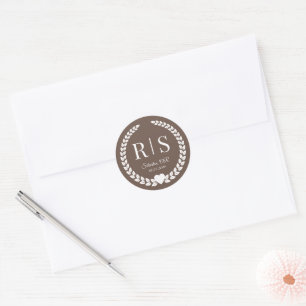 Warm Mocha Brown Wedding Monogram Initials Classic Round Sticker