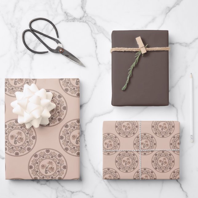 Warm Mocha Rococo Revival Lotus Polka Dot Mandala Wrapping Paper Sheet (Front)