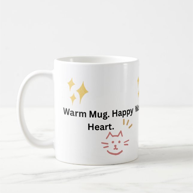 Warm Mug. Happy Heart. Cute Cat Typography Coffee  Mug (Left)