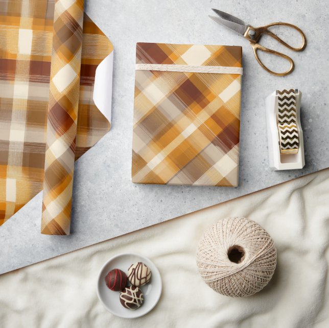 Warm Mustard Brown Autumn Tartan Plaid Pattern Wrapping Paper (Crafts)