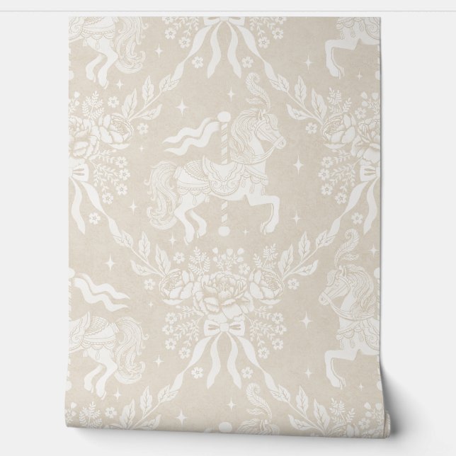 Warm Neutral Beige Rococo Carousel Horses Florals Wallpaper (Unrolling)