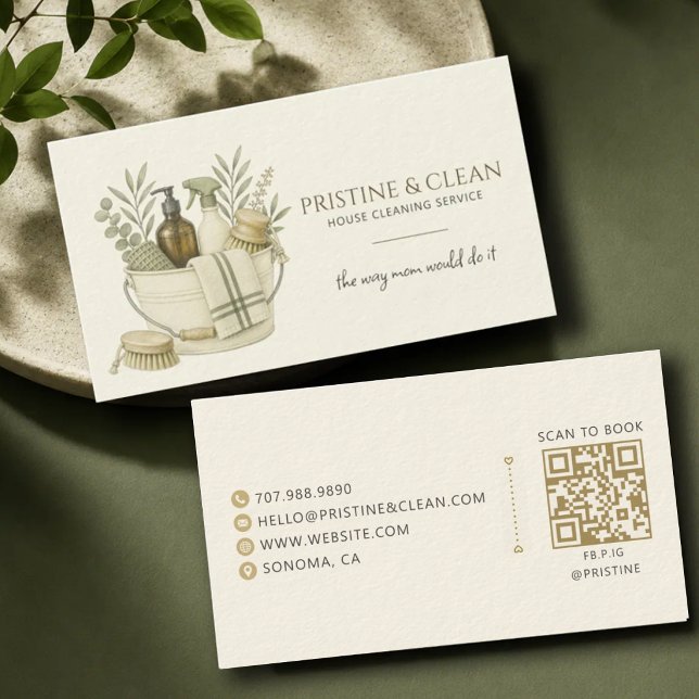Warm Neutral House Cleaning Service QR Code Business Card (Creator Uploaded)