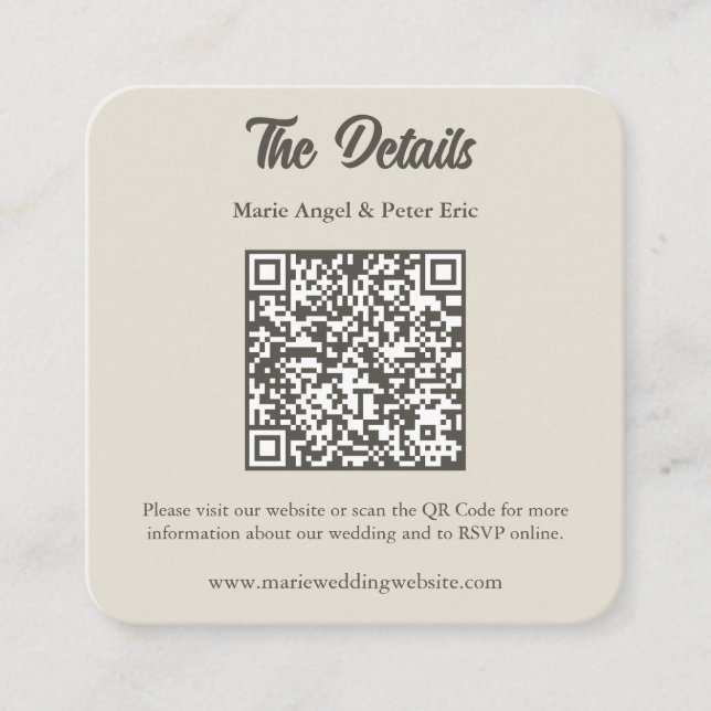 Warm Neutral Monogram QR Code Wedding Details  Square Business Card (Front)