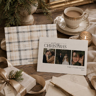 Warm Neutral Plaid Newlywed Christmas Photo Holiday Card