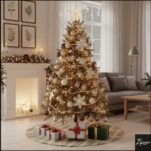 Warm Neutral Tan Plaid Tartan Pattern Brushed Polyester Tree Skirt
