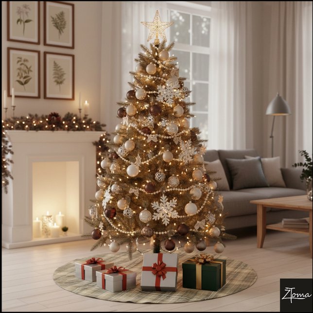 Warm Neutral Tan Plaid Tartan Pattern Brushed Polyester Tree Skirt (Creator Uploaded)