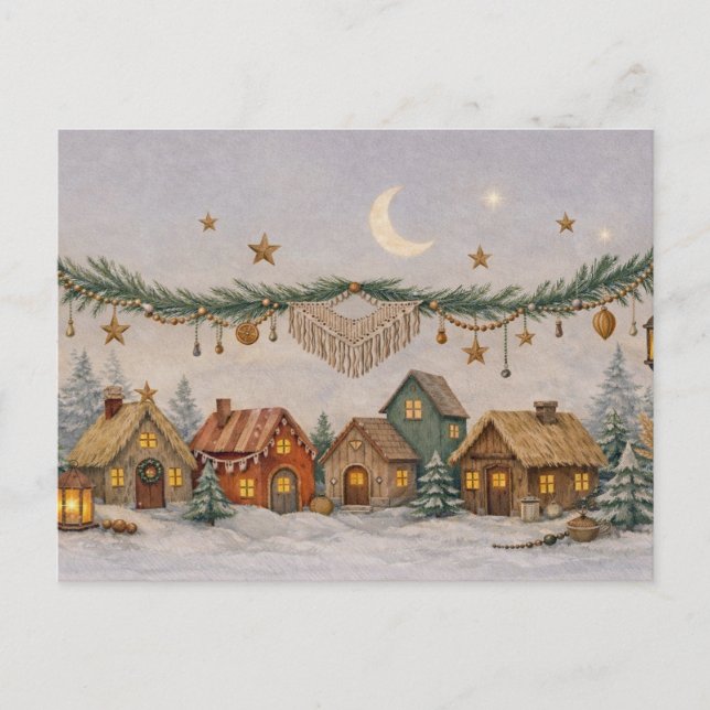 Warm Neutral Watercolor Boho Christmas Village  Holiday Postcard (Front)