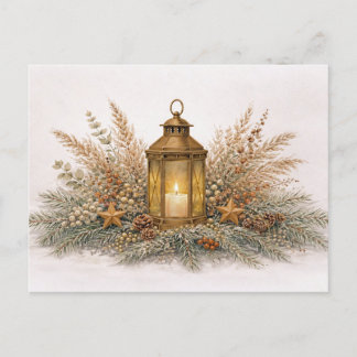 Warm Neutral Watercolor Christmas Lantern  Holiday Postcard