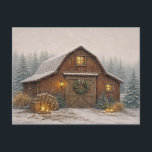 Warm Neutral Watercolor Rustic Christmas Barn  Holiday Postcard<br><div class="desc">This soft watercolor illustration captures a peaceful winter farm scene featuring a rustic wooden barn decorated for Christmas. Snow gently falls across the landscape while warm light glows from the barn windows and lanterns near the entrance. A festive wreath hangs on the barn doors, surrounded by evergreen trees, stacked firewood,...</div>