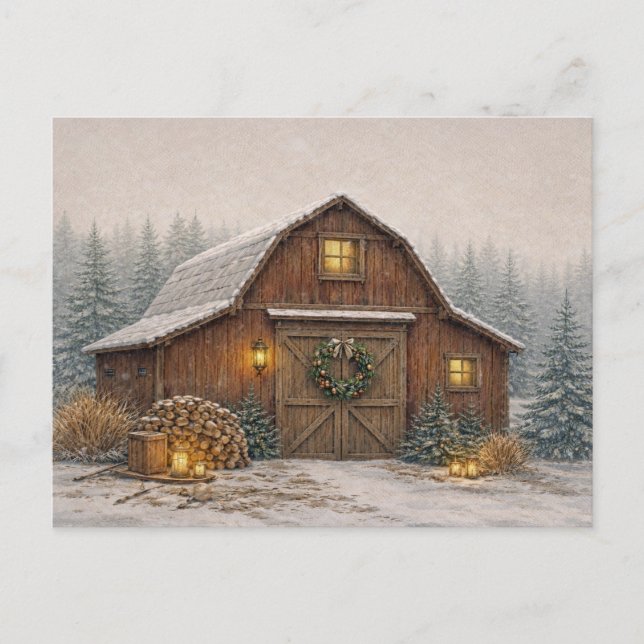 Warm Neutral Watercolor Rustic Christmas Barn  Holiday Postcard (Front)
