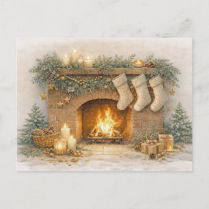 Warm Neutral Watercolor Rustic Christmas Fireplace Holiday Postcard
