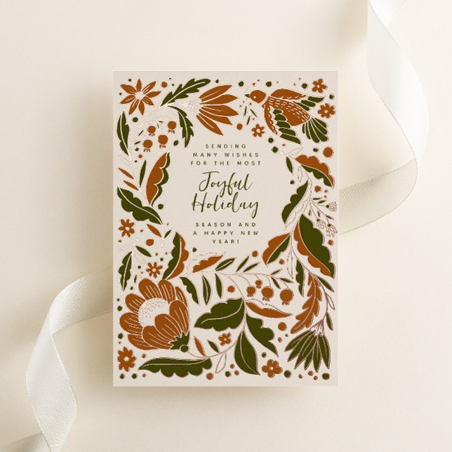 Warm Neutrals Joyful Holiday Folk Illustration (Folk art style flowers, vines and a peace dove shine on this cream festive non-photo Christmas card)
