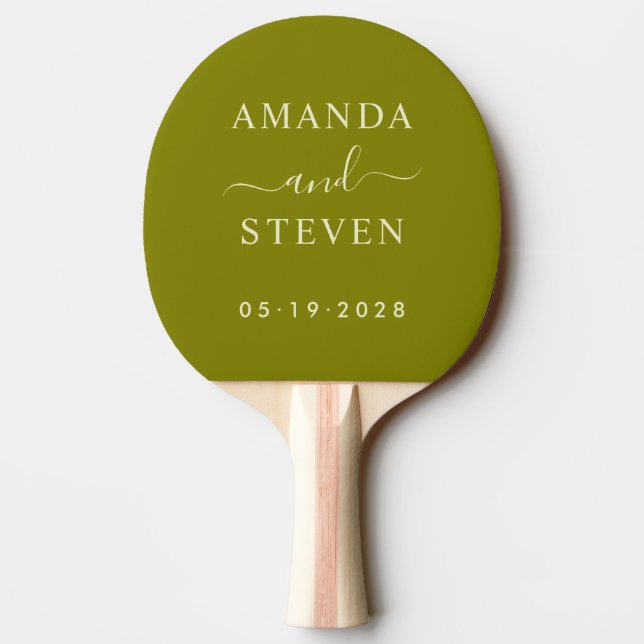 Warm Olive Couple Names with Wedding Date Ping Pong Paddle (Back)