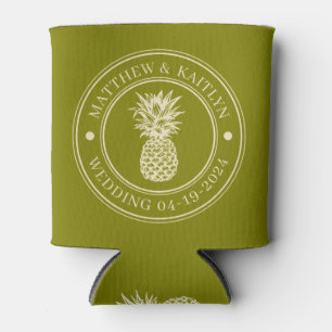Warm Olive Pineapple Wedding Crest & Name Can Cooler