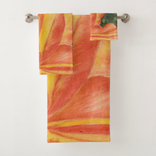 Warm orange and red Bloom floral watercolor Bath Towel Set