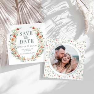 Warm orange floral Save the Date photo invitation