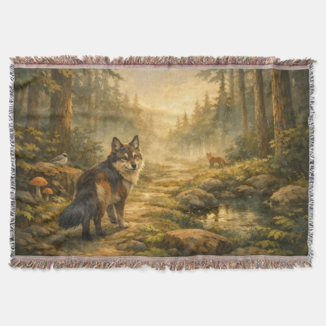 Warm Painterly Forest Companions Throw Blanket (Front)