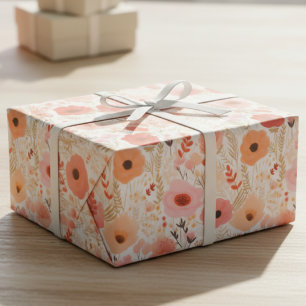 Warm Peach and Coral Poppy Floral Pattern Wrapping Paper