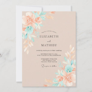Warm Peach Aqua Peony Wedding Invitation