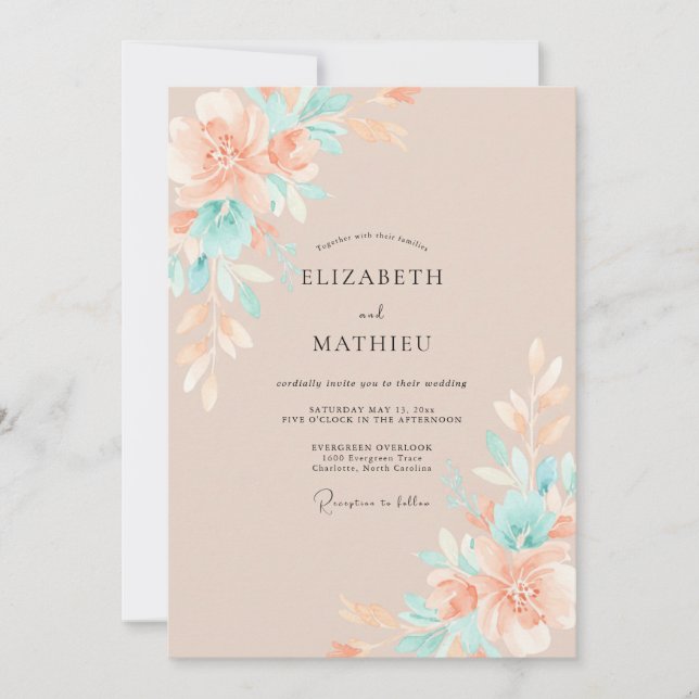 Warm Peach Aqua Peony Wedding Invitation (Front)