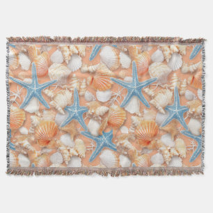 Warm Peach Beach Shells Starfish Summer Throw Blanket